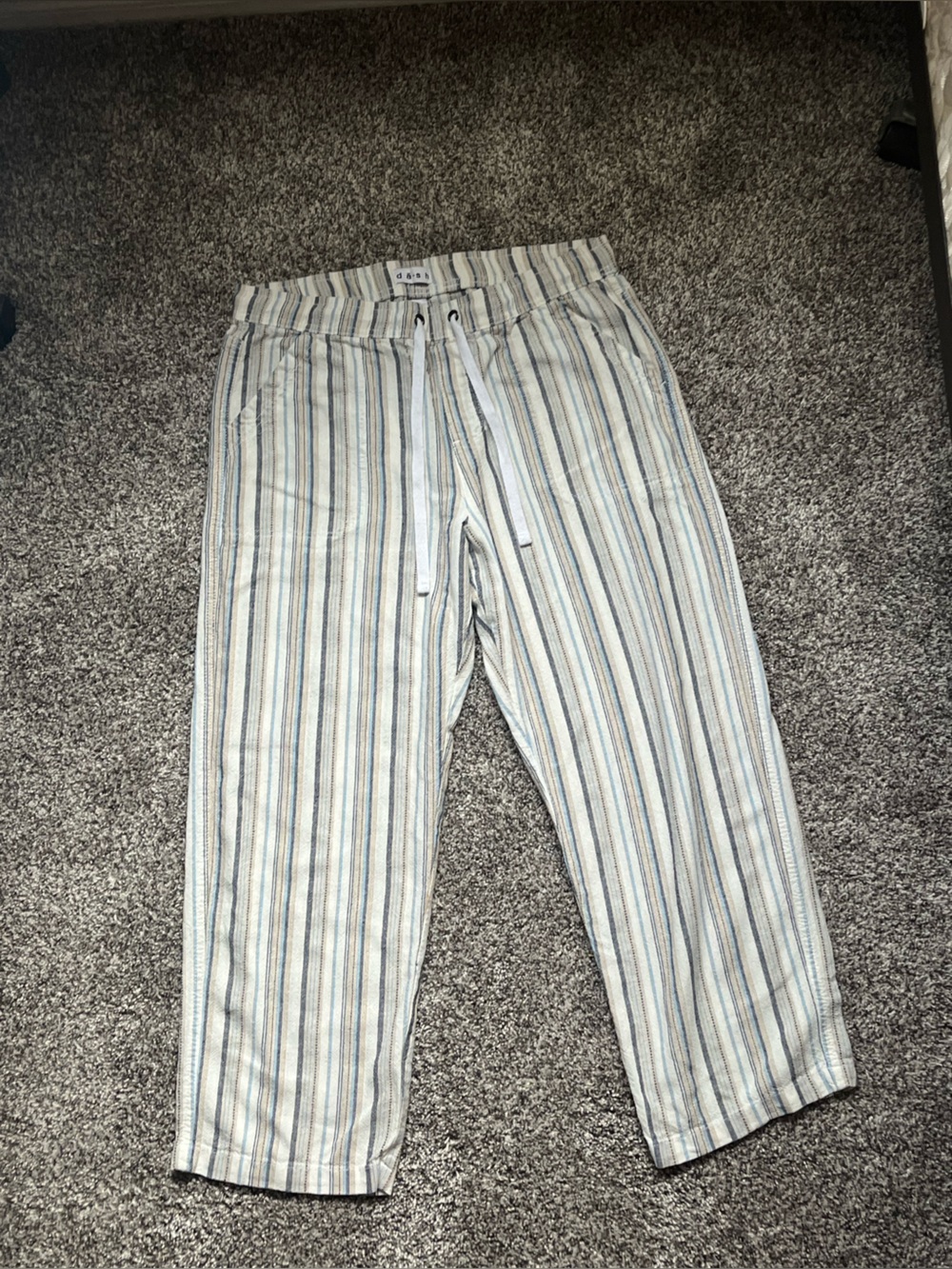 Striped Lightweight Casual Linen Pants in Cream and Blue